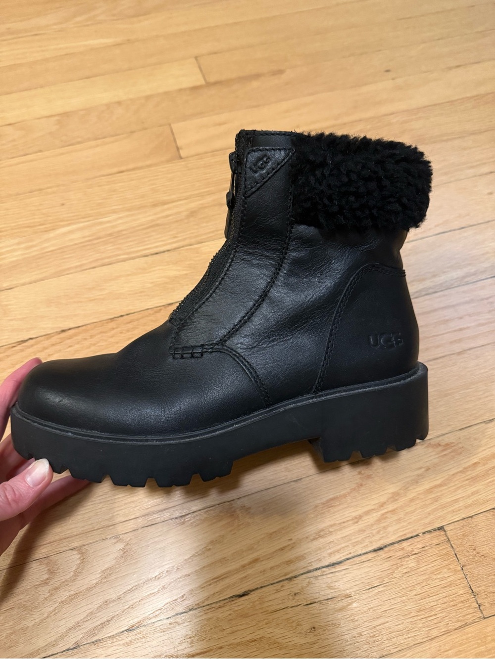 UGG Black Leather Shearling-Collar Lug Sole Ankle Boots